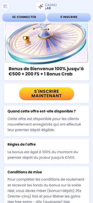 Bonus de Bienvenue sur CasinoLab Casino Lab en Ligne Propose une Welcome Offer avec no Deposit Bonus en France